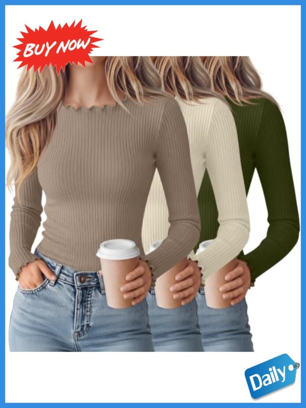 Ribbed Long Sleeve Lettuce Trim T-Shirts 3 Pack Slim Fit Crew Neck Layering Tees